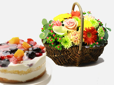 ナチュラルバスケット(オレンジ・黄色)&選べるケーキの通販・宅配・販売